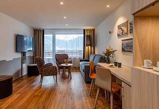 Ruheraum mit Blick auf die Blockhaussauna - Sunstar Hotel Grindelwald